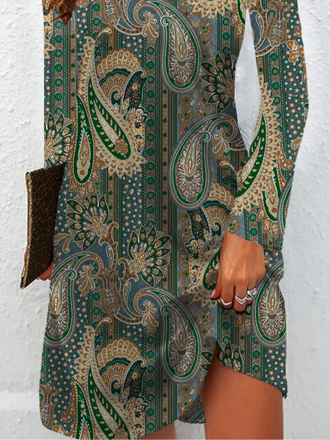 Women Paisley Crew Neck Long Sleeve Comfy Vintage Mini Dress