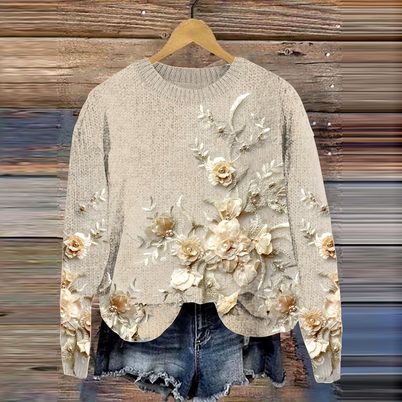 Women 3D Leaf Print Long Sleeve Comfy Casual Sweatshirt