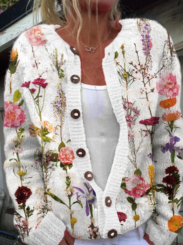 Women Knitted Plants Long Sleeve Comfy Casual Cardigan