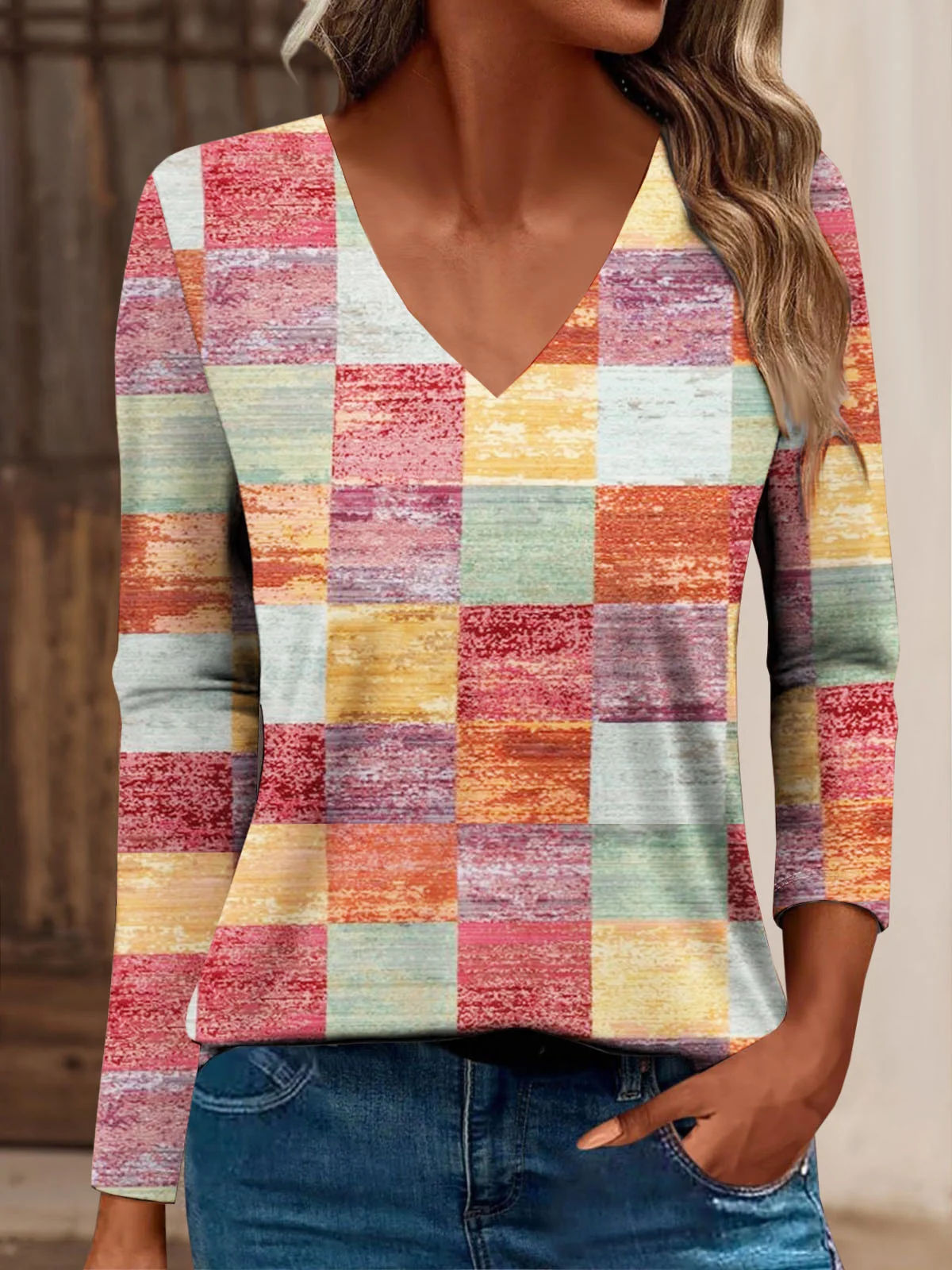 Casual Plaid V Neck Long Sleeve T-shirt