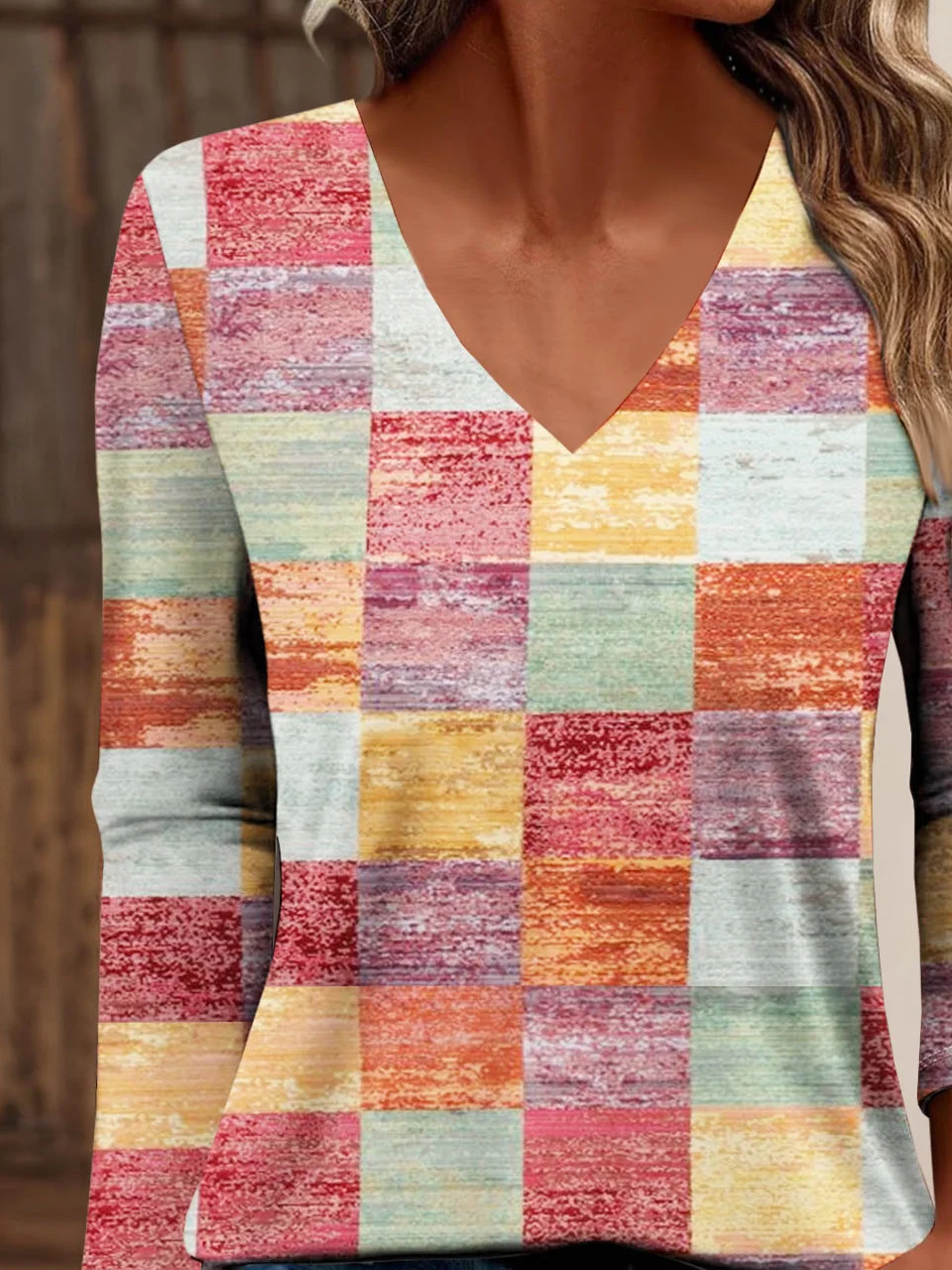 Casual Plaid V Neck Long Sleeve T-shirt