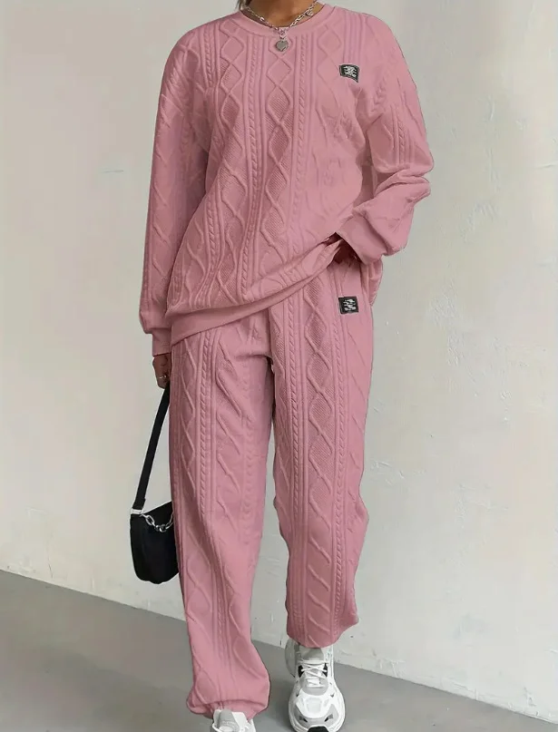 Women Plain Two-Piece Set Daily Long Sleeve Casual Spring/Fall Top With Pants Matching Set