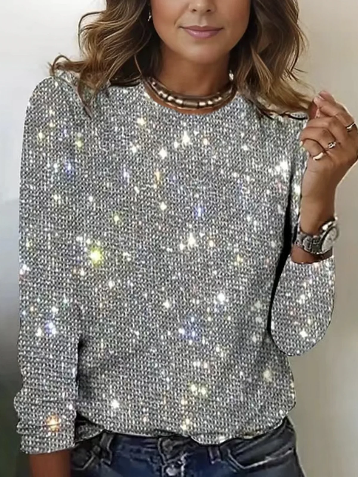 Casual Holiday 3D Sequin Pattern Crew Neck Long Sleeve T-shirt