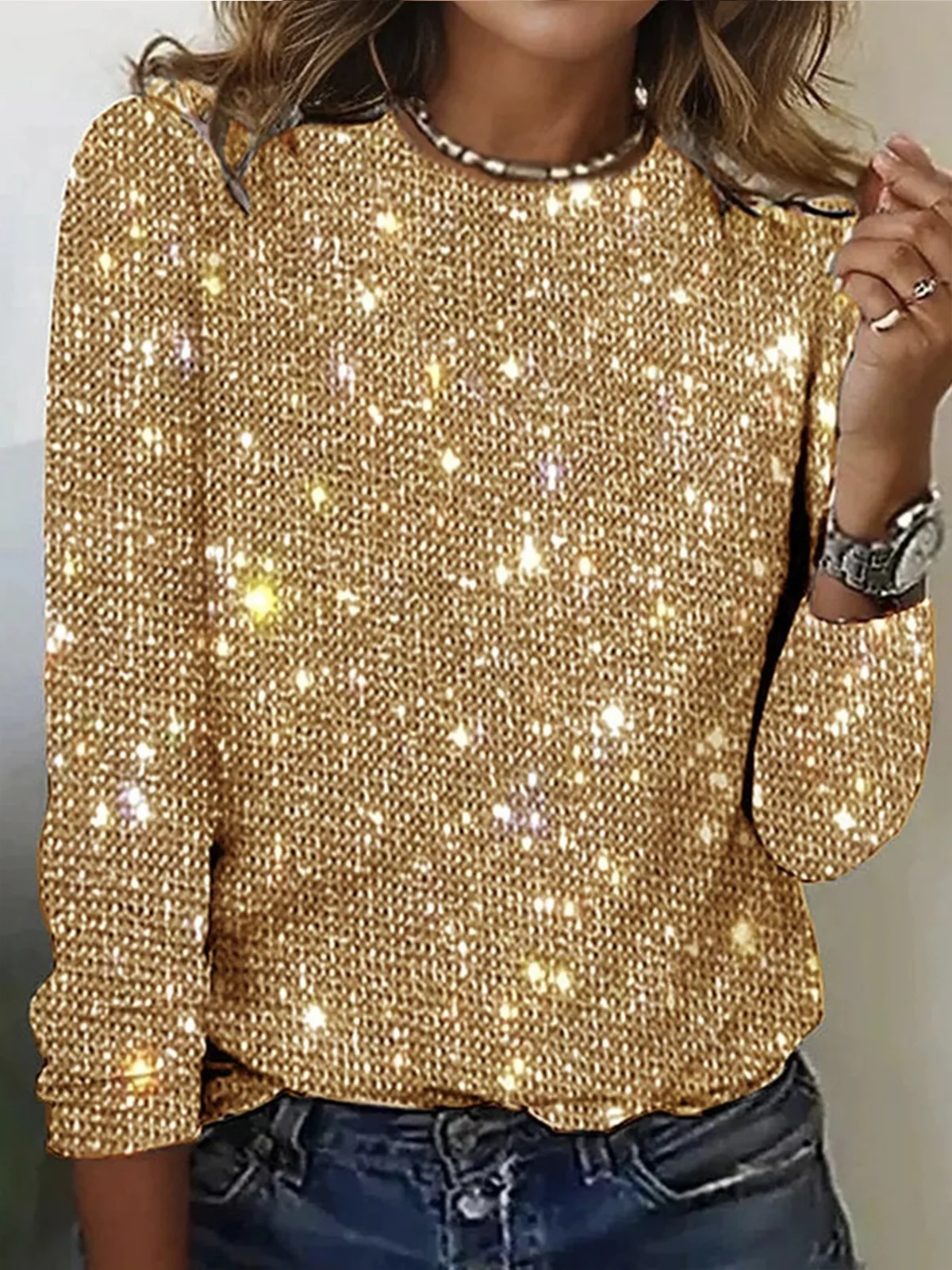 Casual Holiday 3D Sequin Pattern Crew Neck Long Sleeve T-shirt
