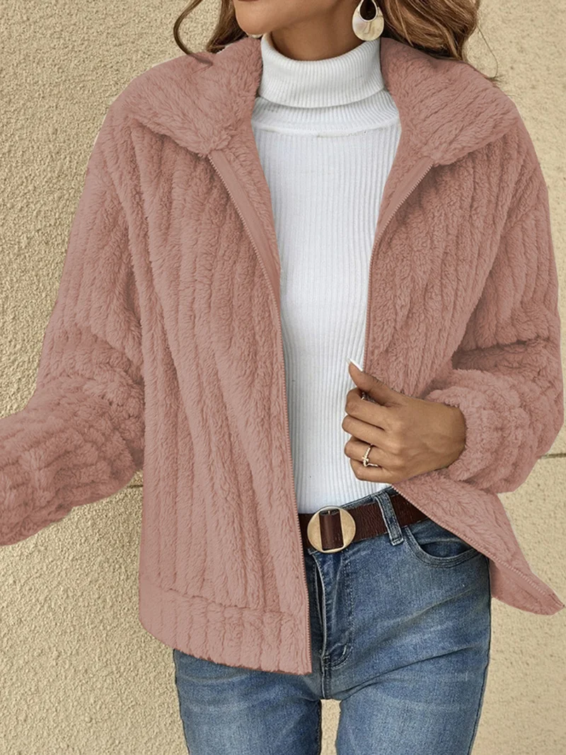 Women's Plain Zipper Thicken Fleece Loose Teddy Jacket