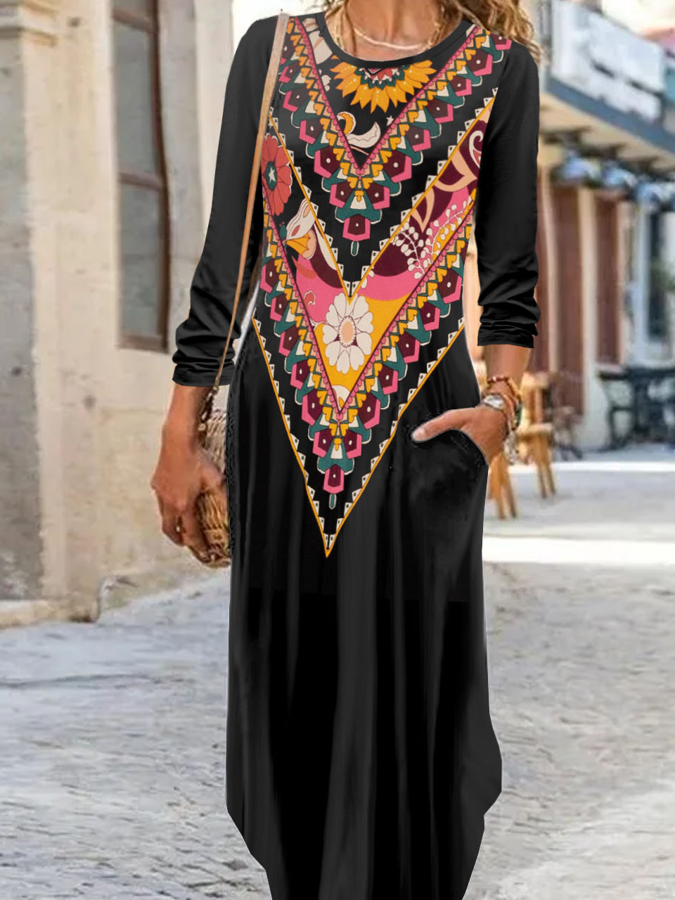 Women Ethnic Crew Neck Long Sleeve Comfy Casual Maxi Dress