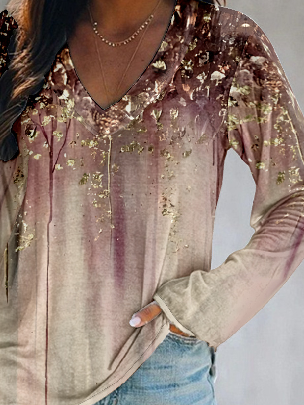 Casual Floral V Neck Long Sleeve T-shirt