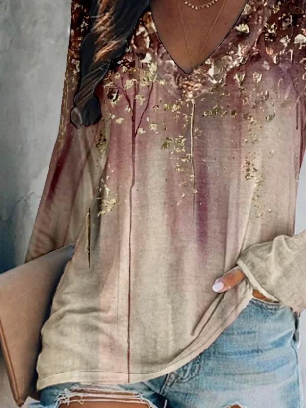 Casual Floral V Neck Long Sleeve T-shirt
