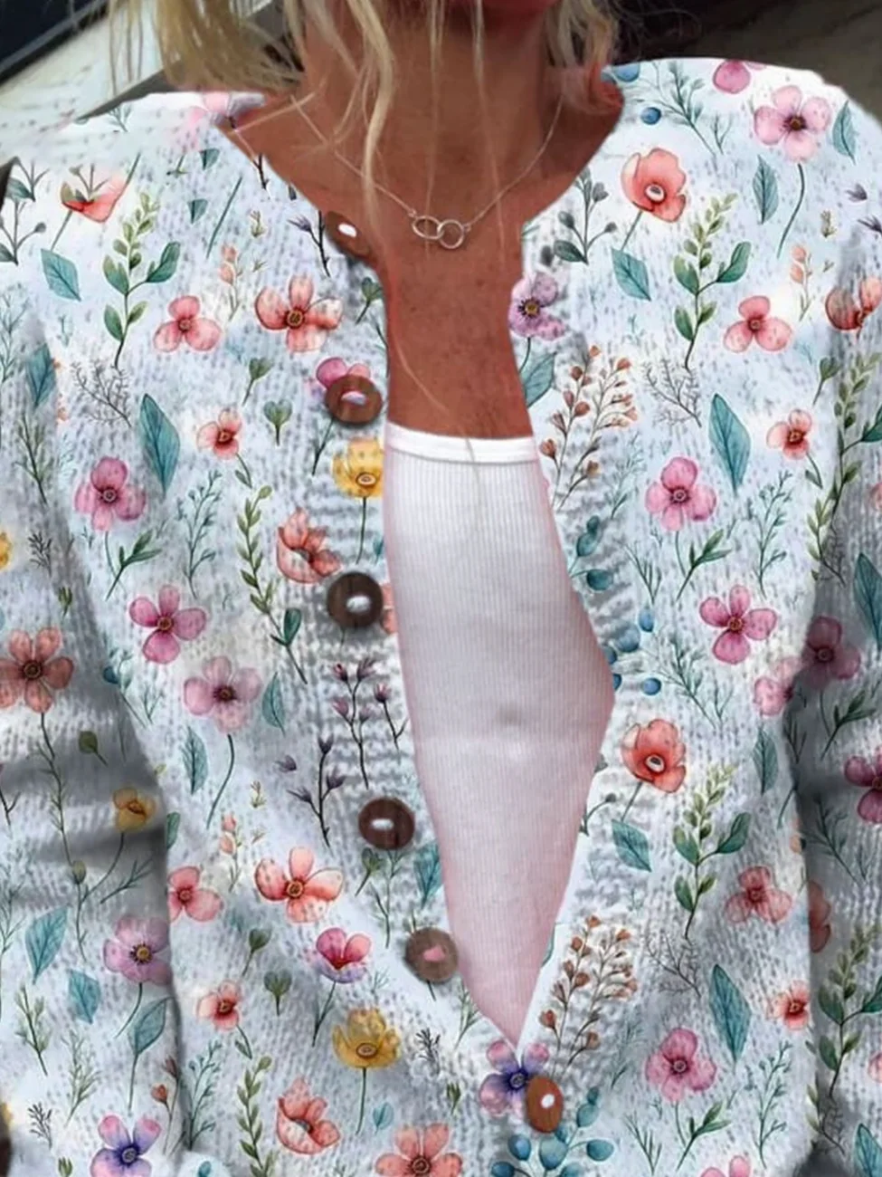 Women Floral Long Sleeve Comfy Casual Buckle Cardigan