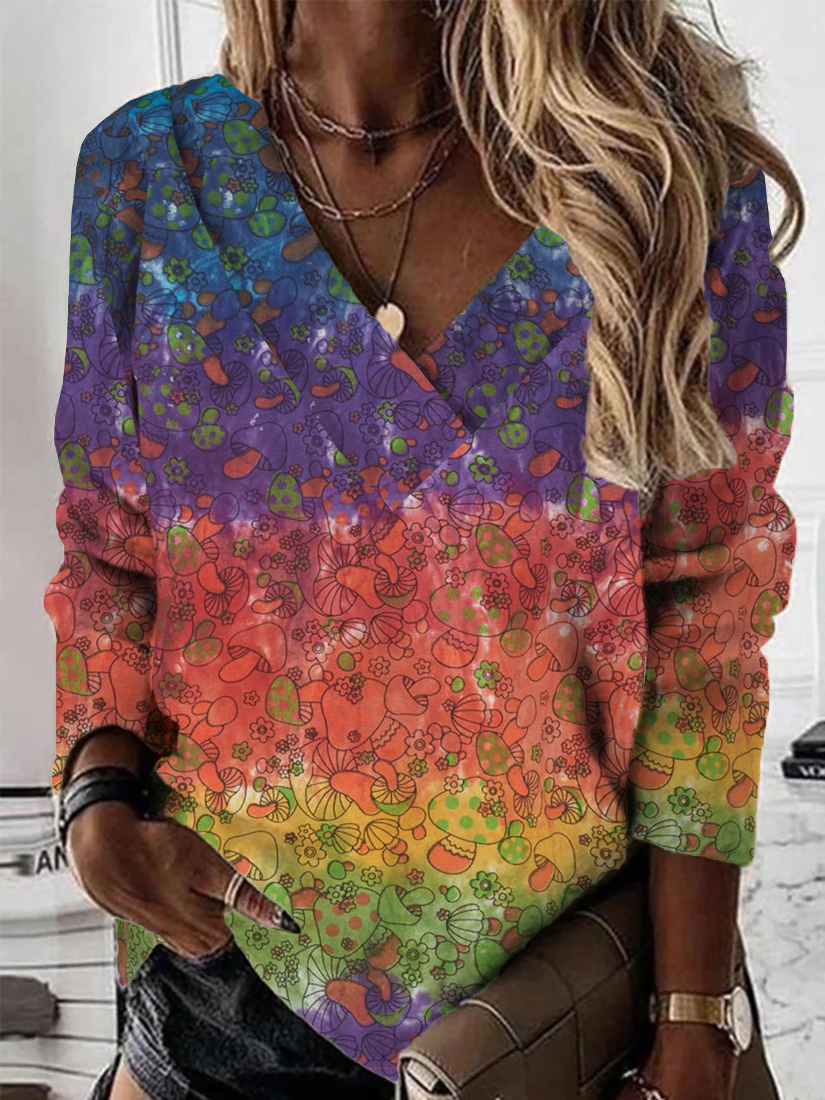 Casual V Neck Mushrooms Sweatshirt