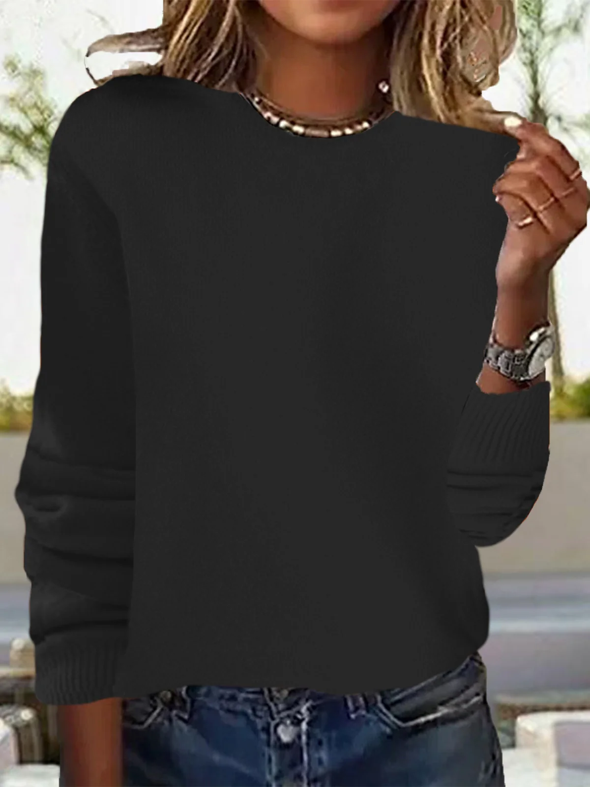Women Yarn/Wool Yarn Plain Long Sleeve Comfy Casual Lace Sweater