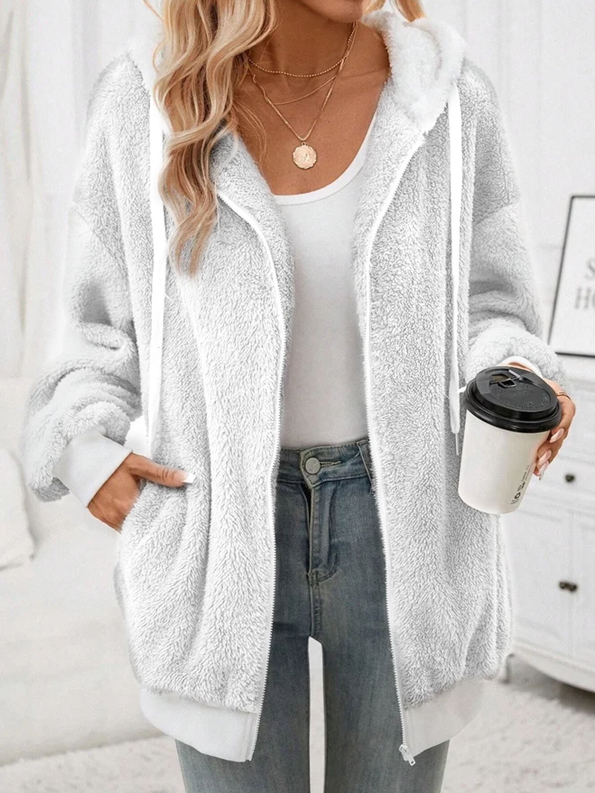 Women's Plain Zipper Thicken Fleece Loose Teddy Jacket