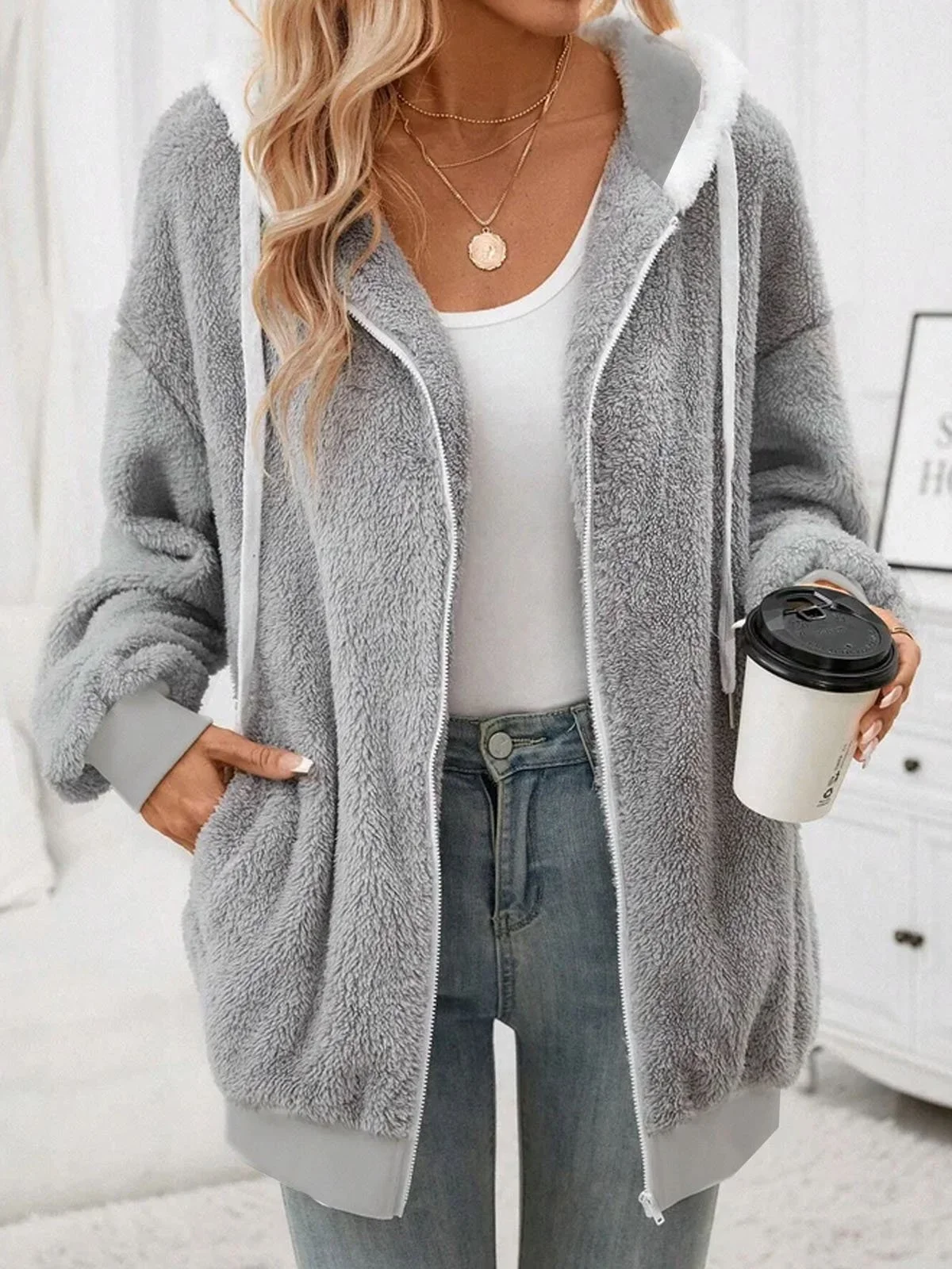 Women's Plain Zipper Thicken Fleece Loose Teddy Jacket