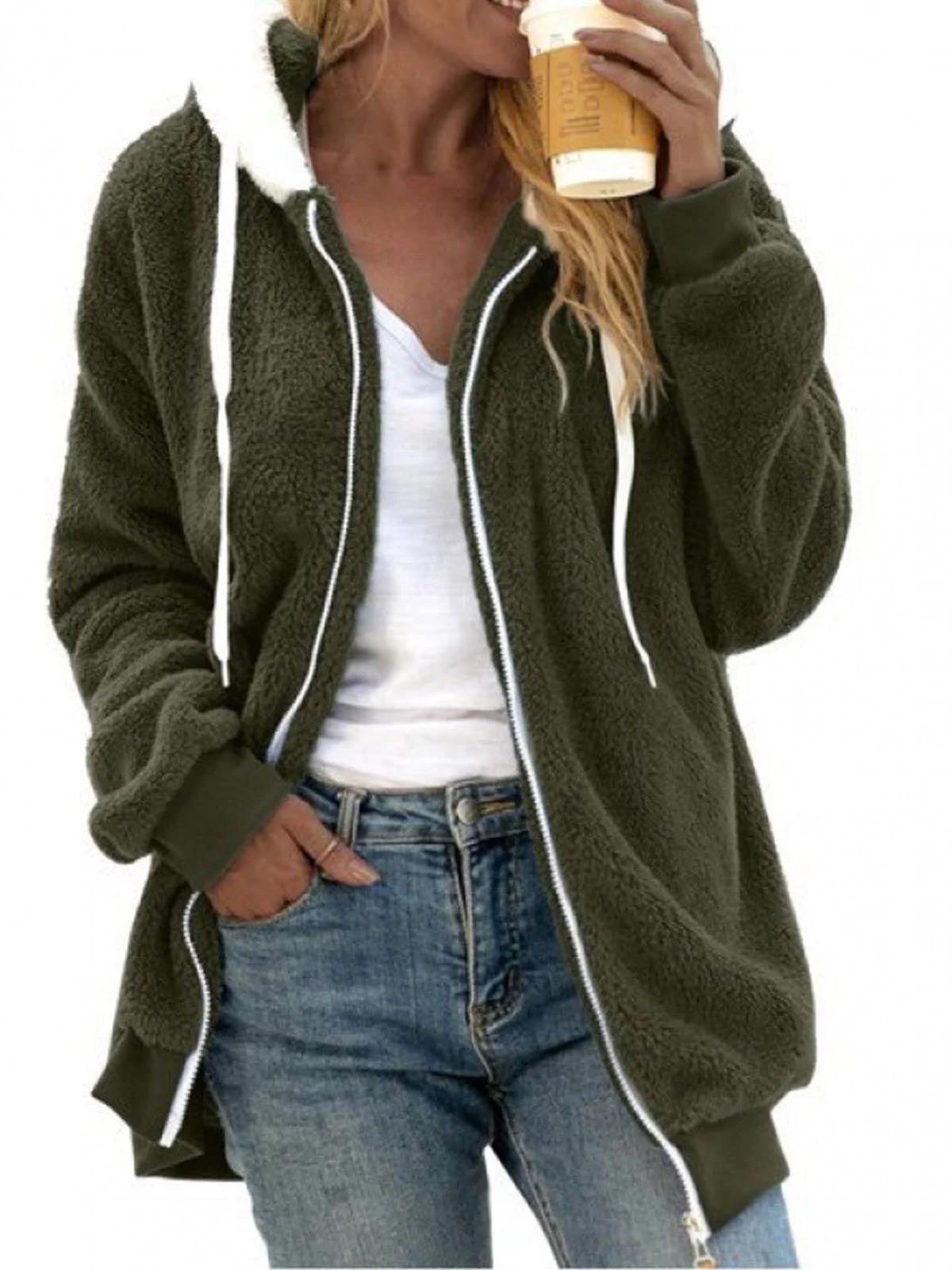 Women's Plain Zipper Thicken Fleece Loose Teddy Jacket