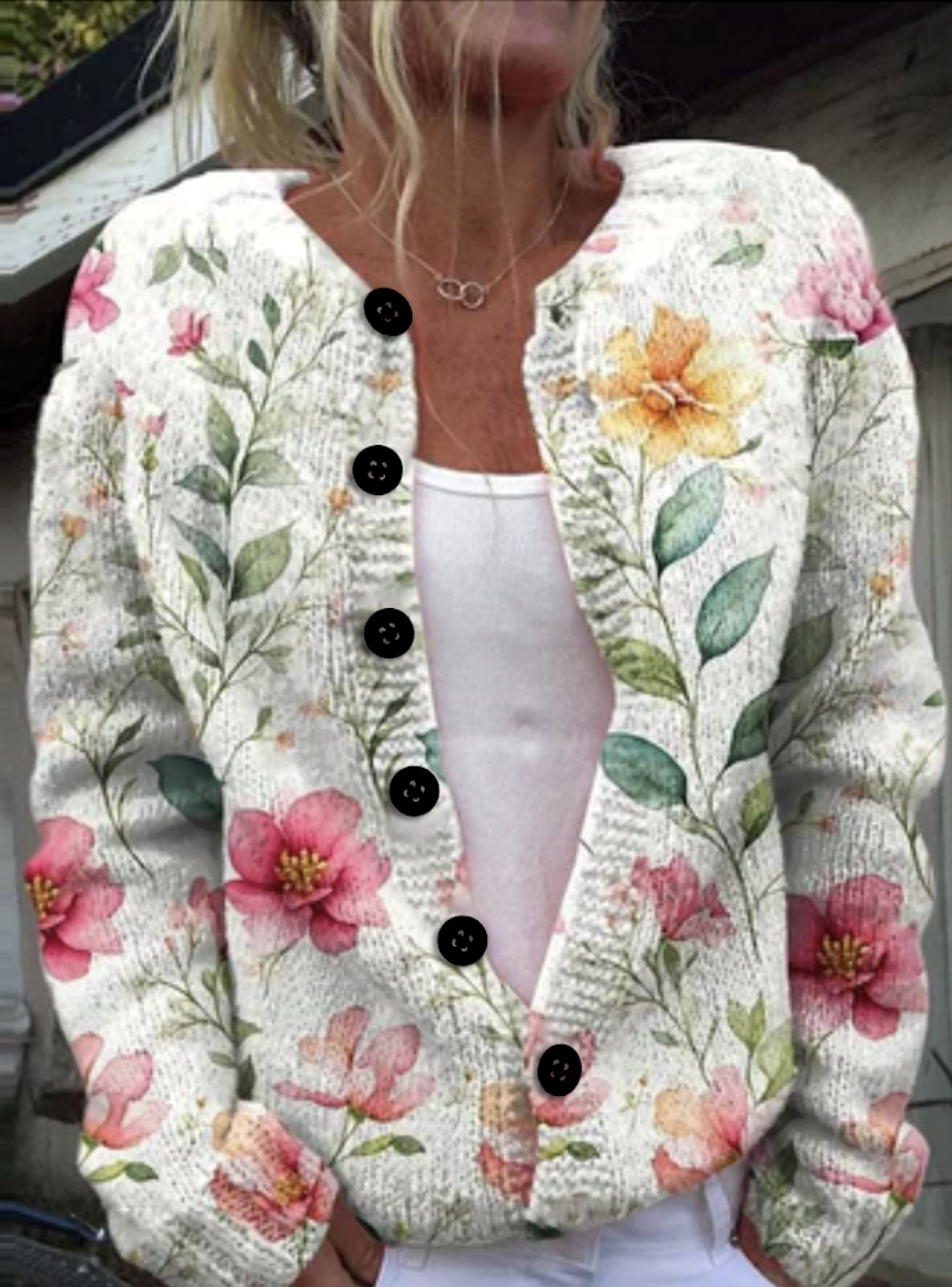 Women Knitted Plants Print Long Sleeve Comfy Casual Cardigan