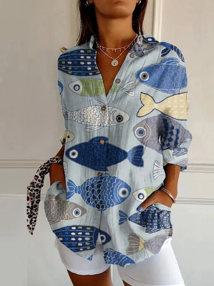 Shawl Collar Long Sleeve Striped Regular Micro-Elasticity Loose Shirt For Women