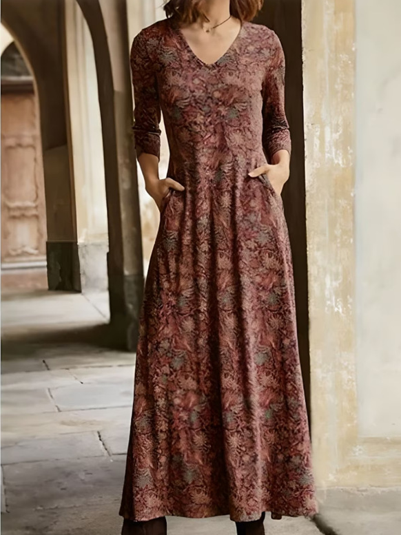 Women Floral V Neck Long Sleeve Comfy Casual Maxi Dress