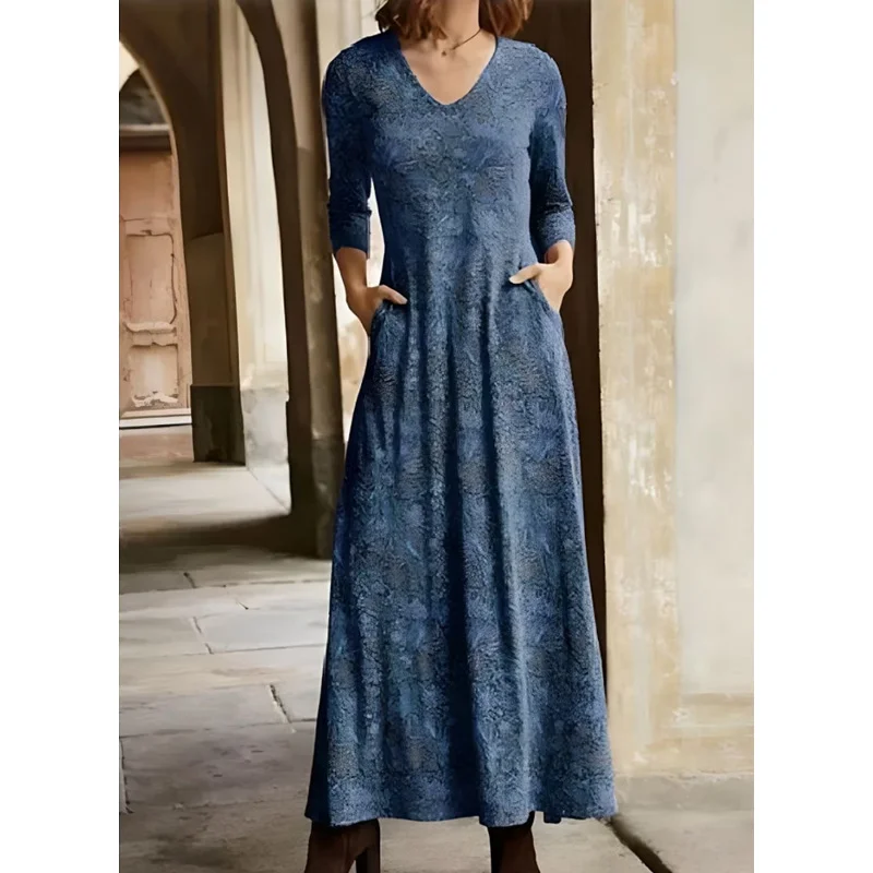 Women Floral V Neck Long Sleeve Comfy Casual Maxi Dress