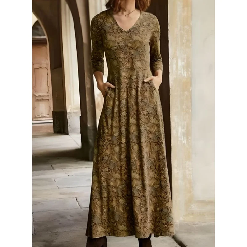 Women Floral V Neck Long Sleeve Comfy Casual Maxi Dress