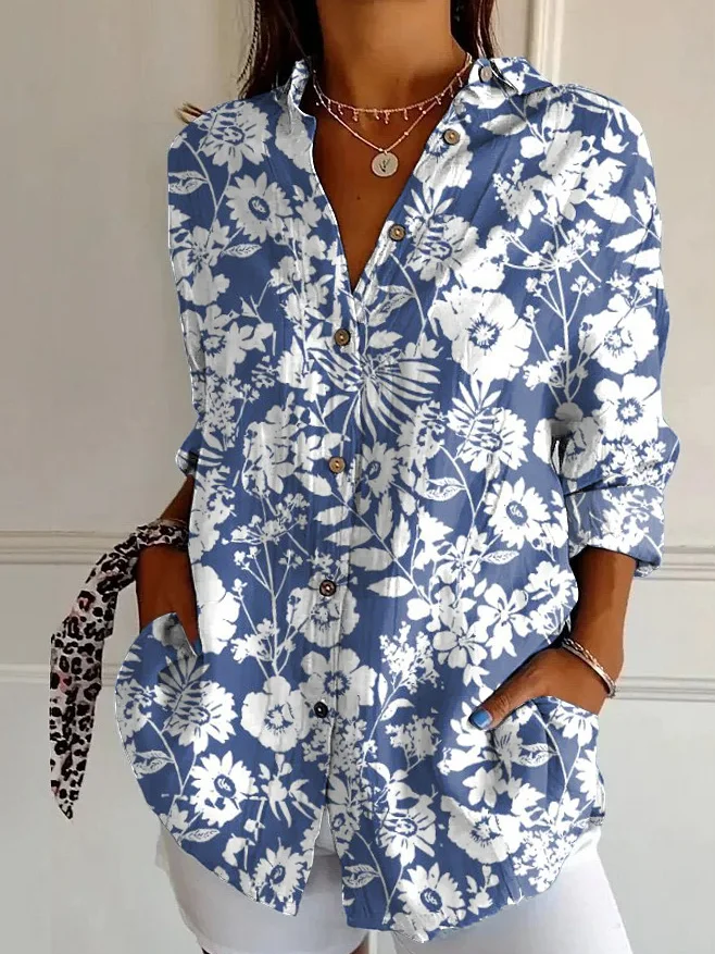 Shawl Collar Long Sleeve Striped Regular Micro-Elasticity Loose Shirt For Women