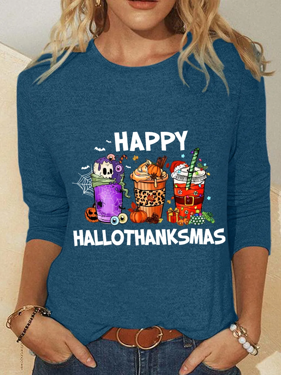 Casual Christmas Crew Neck Long Sleeve T-shirt