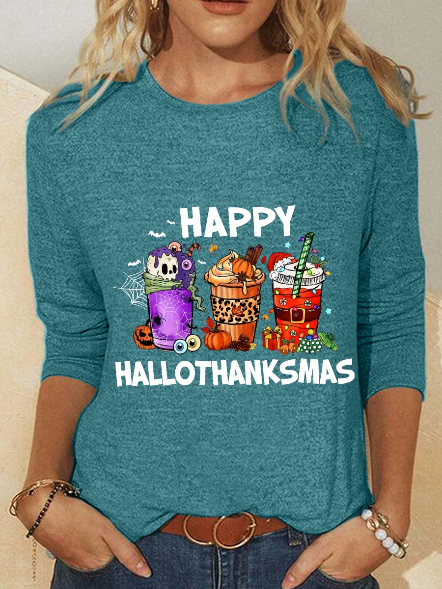 Casual Christmas Crew Neck Long Sleeve T-shirt
