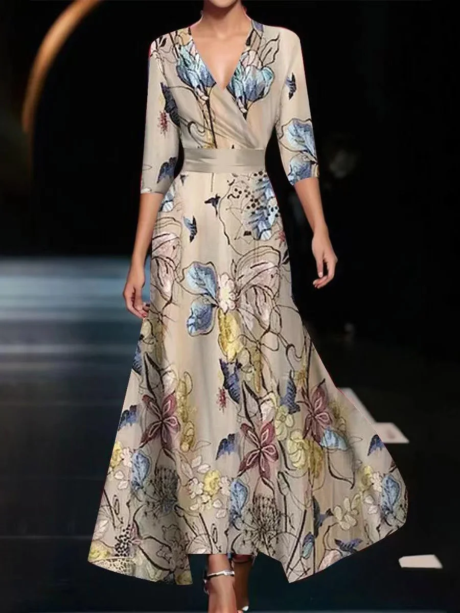 Women Elegant Floral V Neck Half Sleeve Comfy Casual Maxi Dress