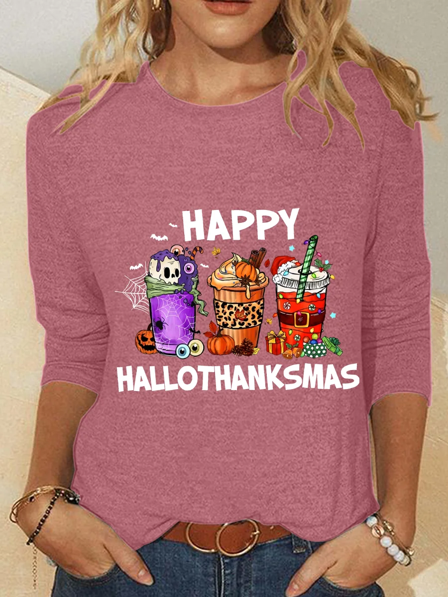 Casual Christmas Crew Neck Long Sleeve T-shirt