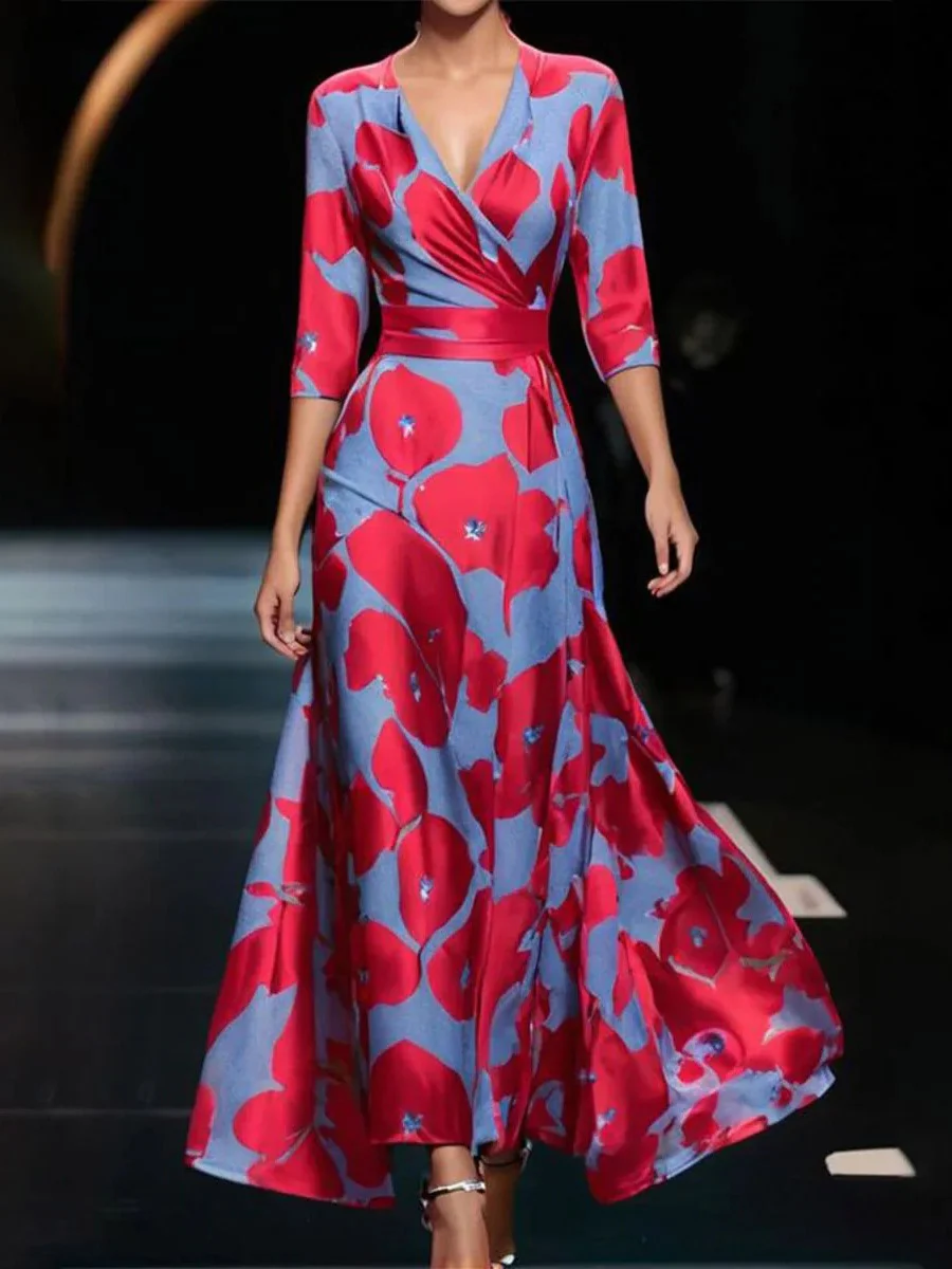 Women Elegant Floral V Neck Half Sleeve Comfy Casual Maxi Dress