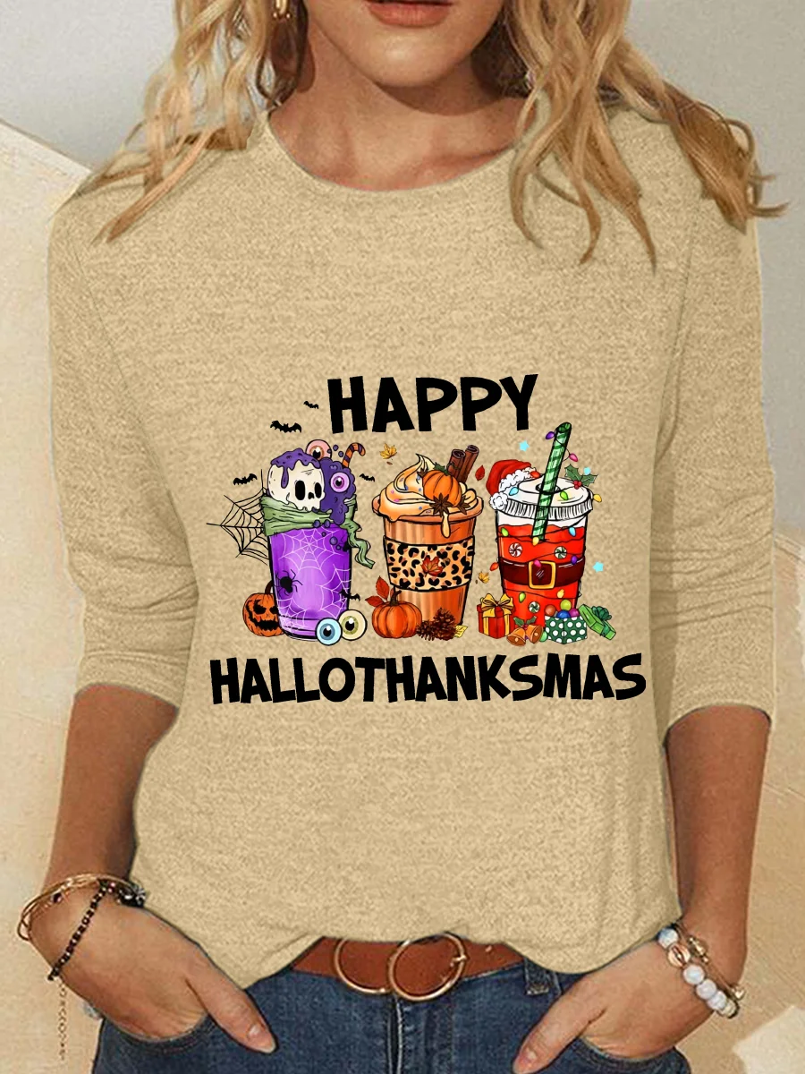 Casual Christmas Crew Neck Long Sleeve T-shirt
