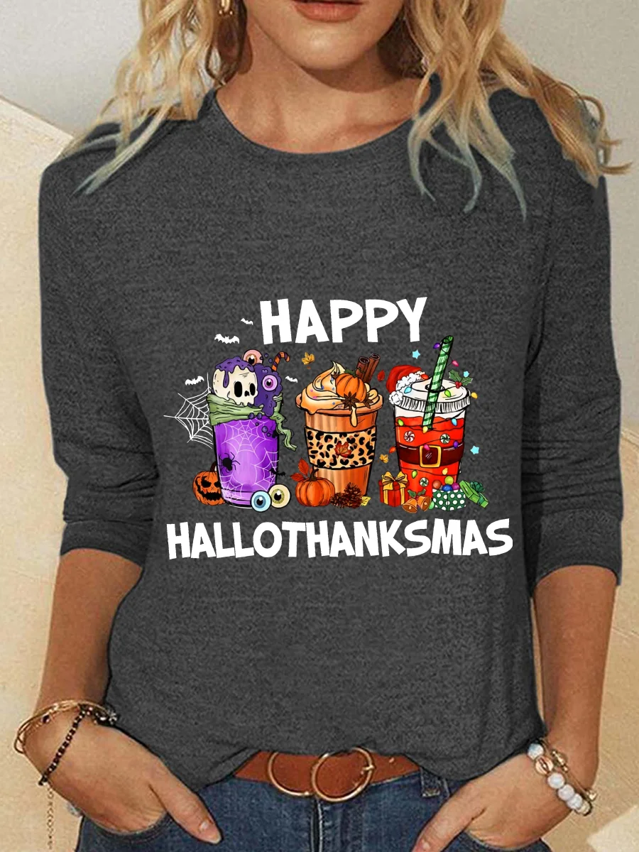 Casual Christmas Crew Neck Long Sleeve T-shirt