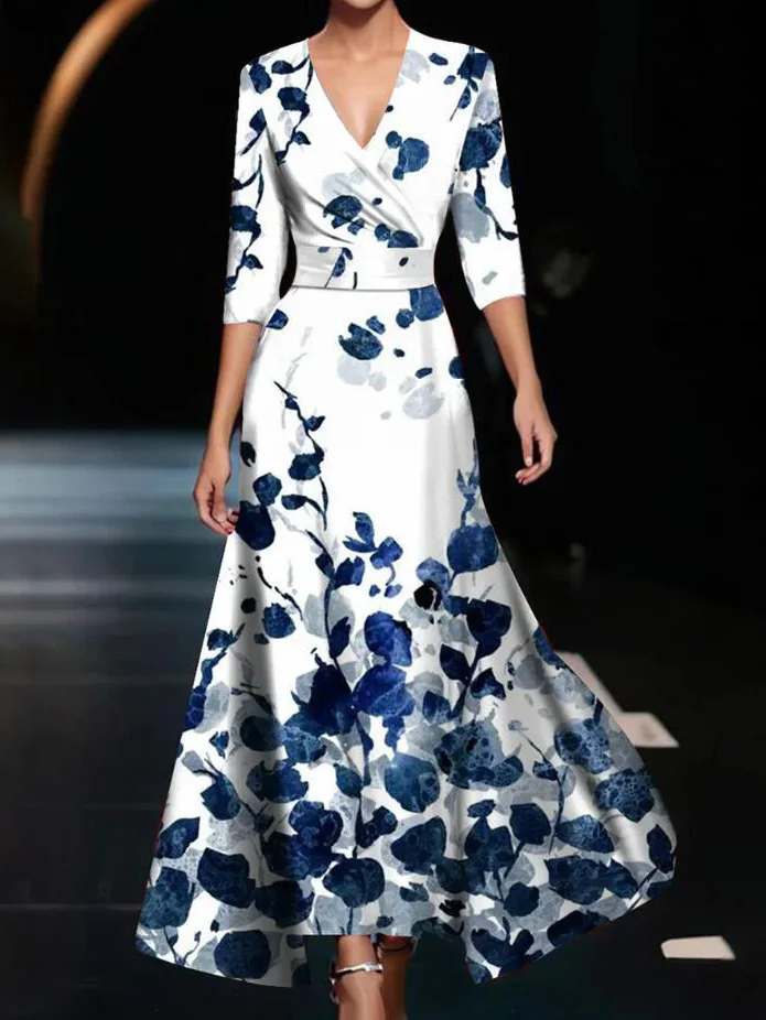 Women Elegant Floral V Neck Half Sleeve Comfy Casual Maxi Dress