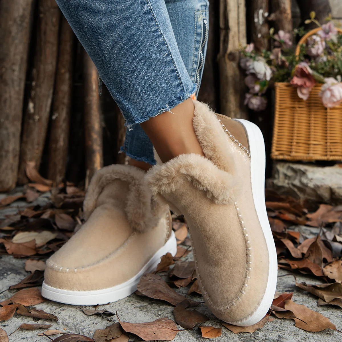 Casual Plain Plush Slip On Flat Heel Comfy Snow Boots