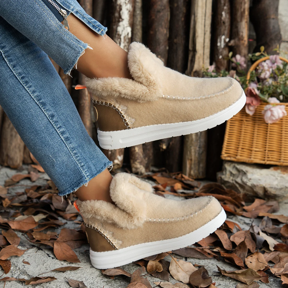 Casual Plain Plush Slip On Flat Heel Comfy Snow Boots
