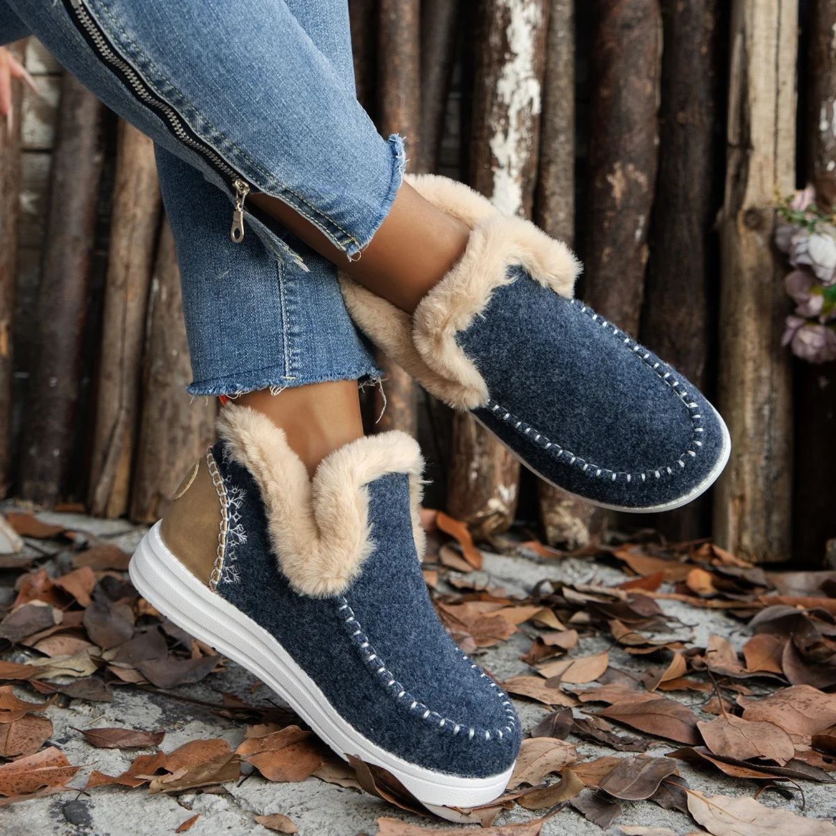 Casual Plain Plush Slip On Flat Heel Comfy Snow Boots