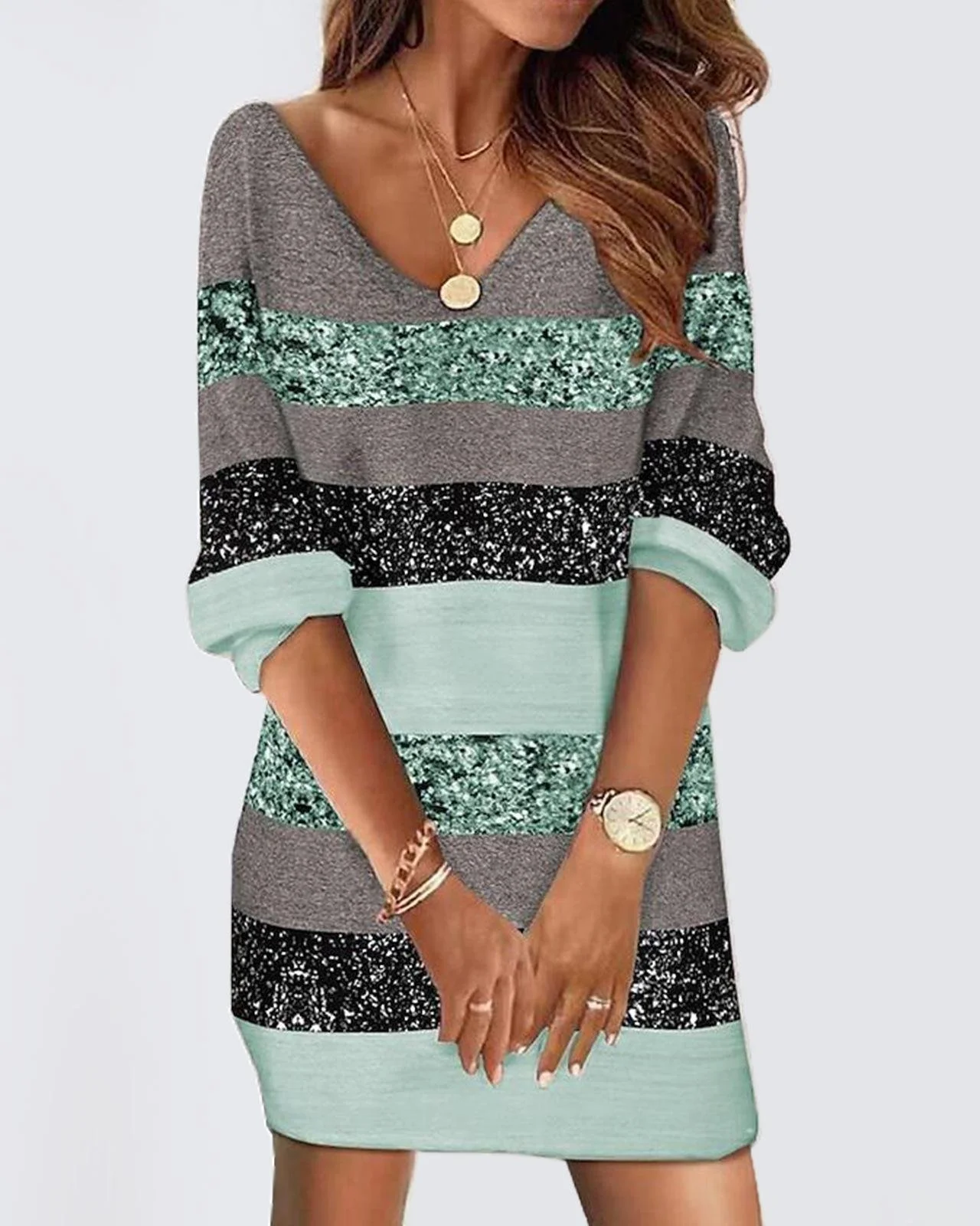Women Striped Spring/Fall Dress V Neck Long Sleeve T-Shirt Dress H-Line Dress