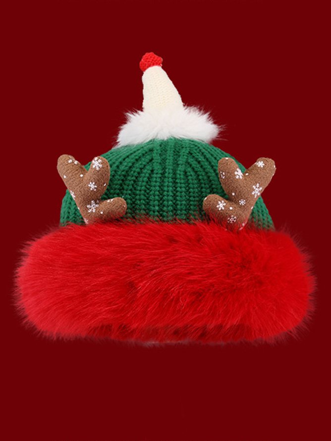 Cute Christmas Antlers Red Plush Hat Women's Winter Warm Thickened Ear Protection Beanie