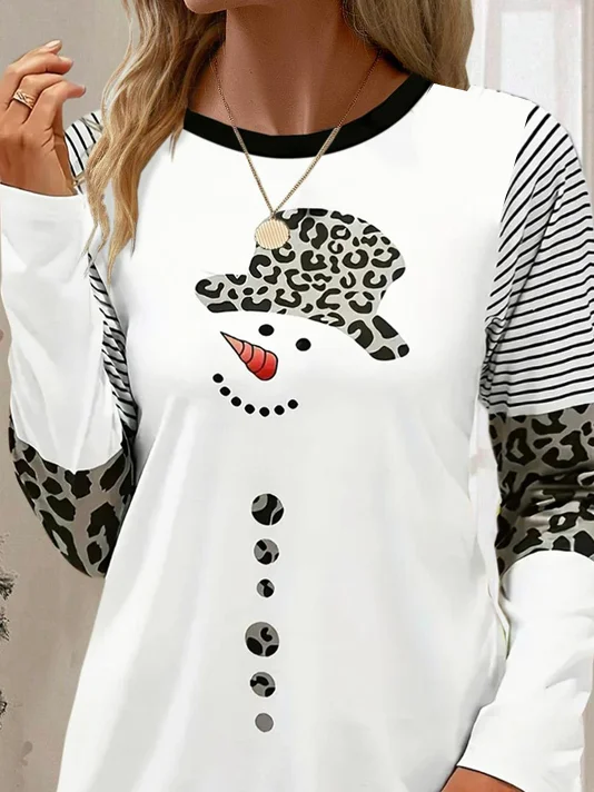 Casual Christmas Snowman Crew Neck Long Sleeve T-shirt