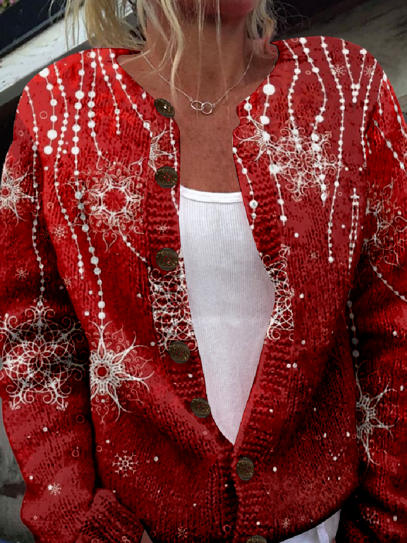 Women Knitted 3D Printing Long Sleeve Comfy Vintage Cardigan