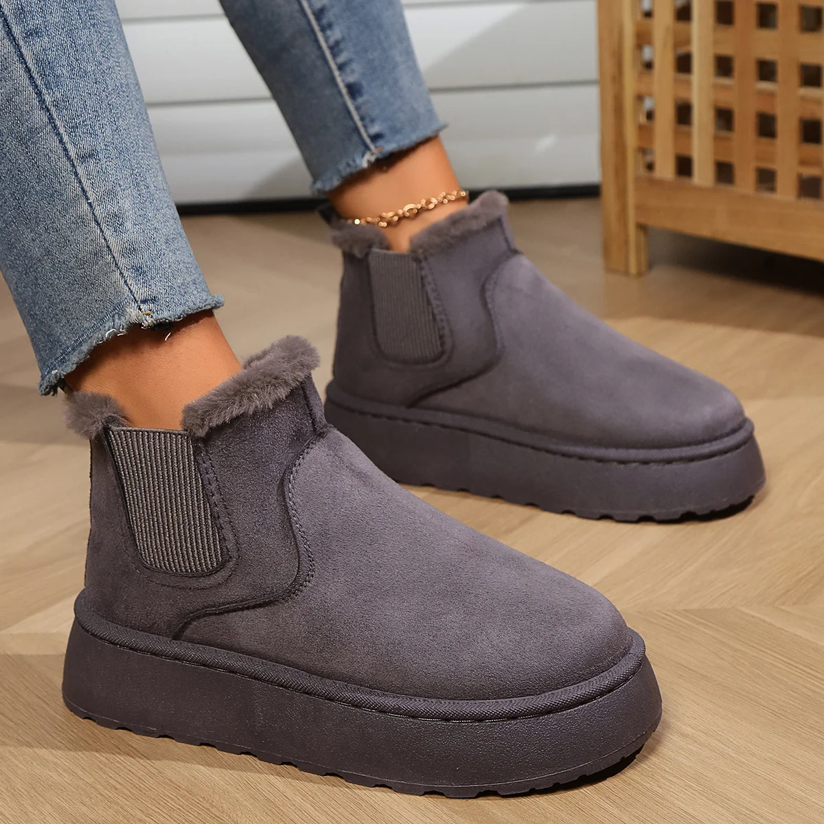 Casual Plain Slip On Block Heel Snow Boots