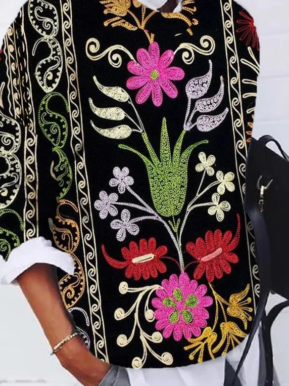 Casual Crew Neck Ethnic Sweatshirt Zipper