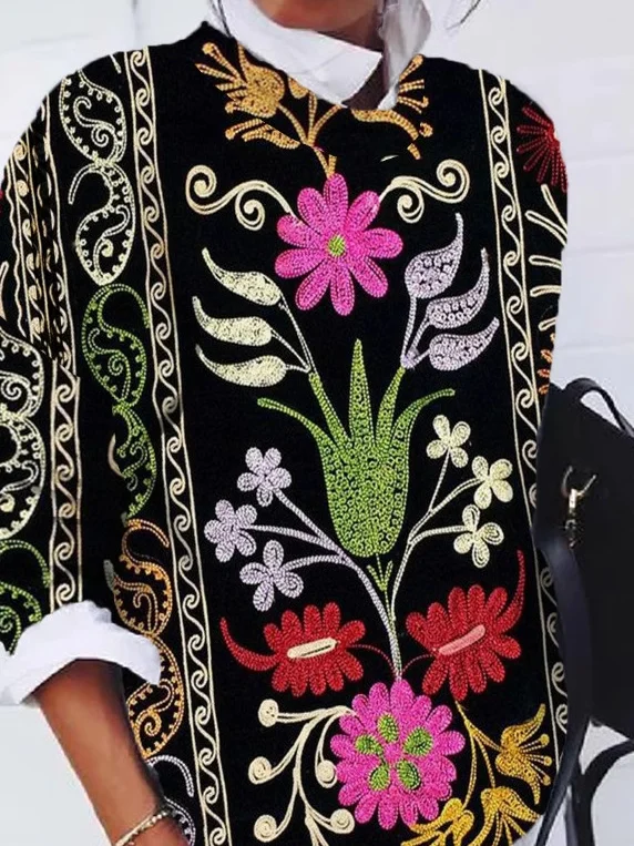 Casual Crew Neck Ethnic Sweatshirt Zipper