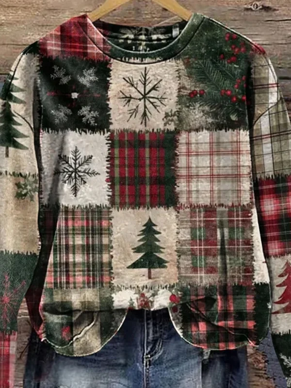 Christmas Vintage Plaid Print Crew Neck Sweatshirt