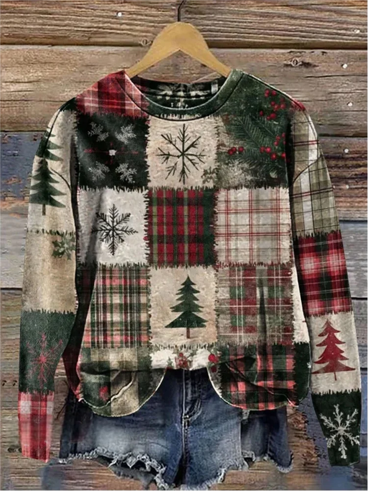Christmas Vintage Plaid Print Crew Neck Sweatshirt