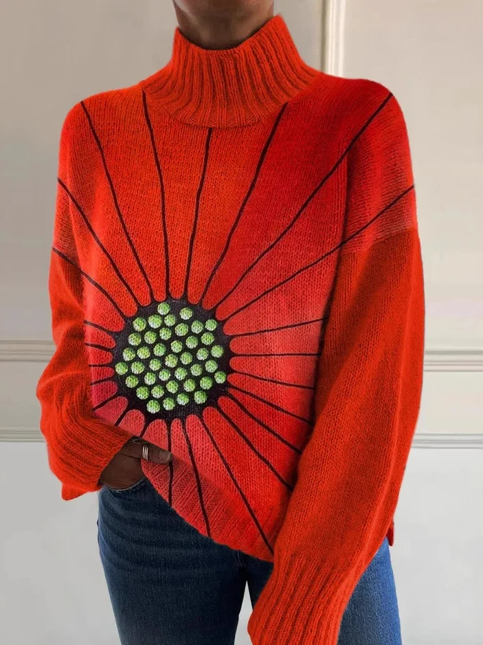 Casual Turtleneck Abstract Art Pattern Sweatshirt