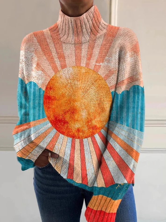 Casual Turtleneck Abstract Art Pattern Sweatshirt