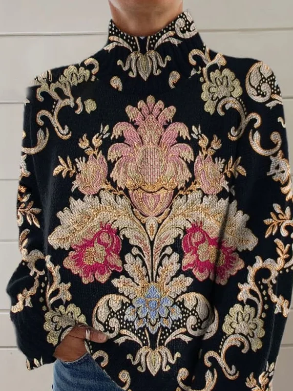 Casual Vintage Turtleneck Floral Print Sweatshirt
