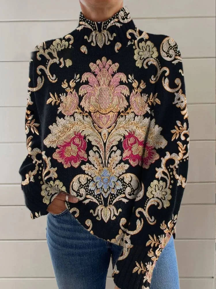 Casual Vintage Turtleneck Floral Print Sweatshirt