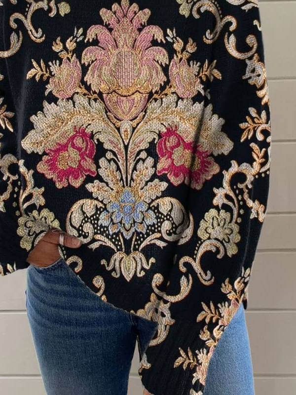 Casual Vintage Turtleneck Floral Print Sweatshirt