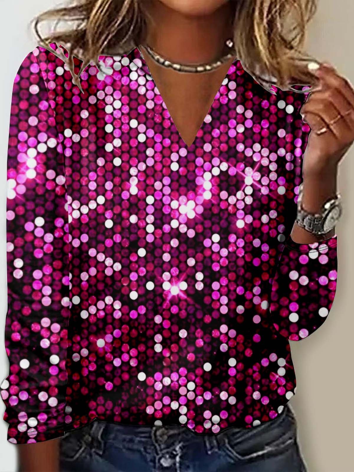 Casual Ombre Sequins Pattern V Neck Long Sleeve T-shirt